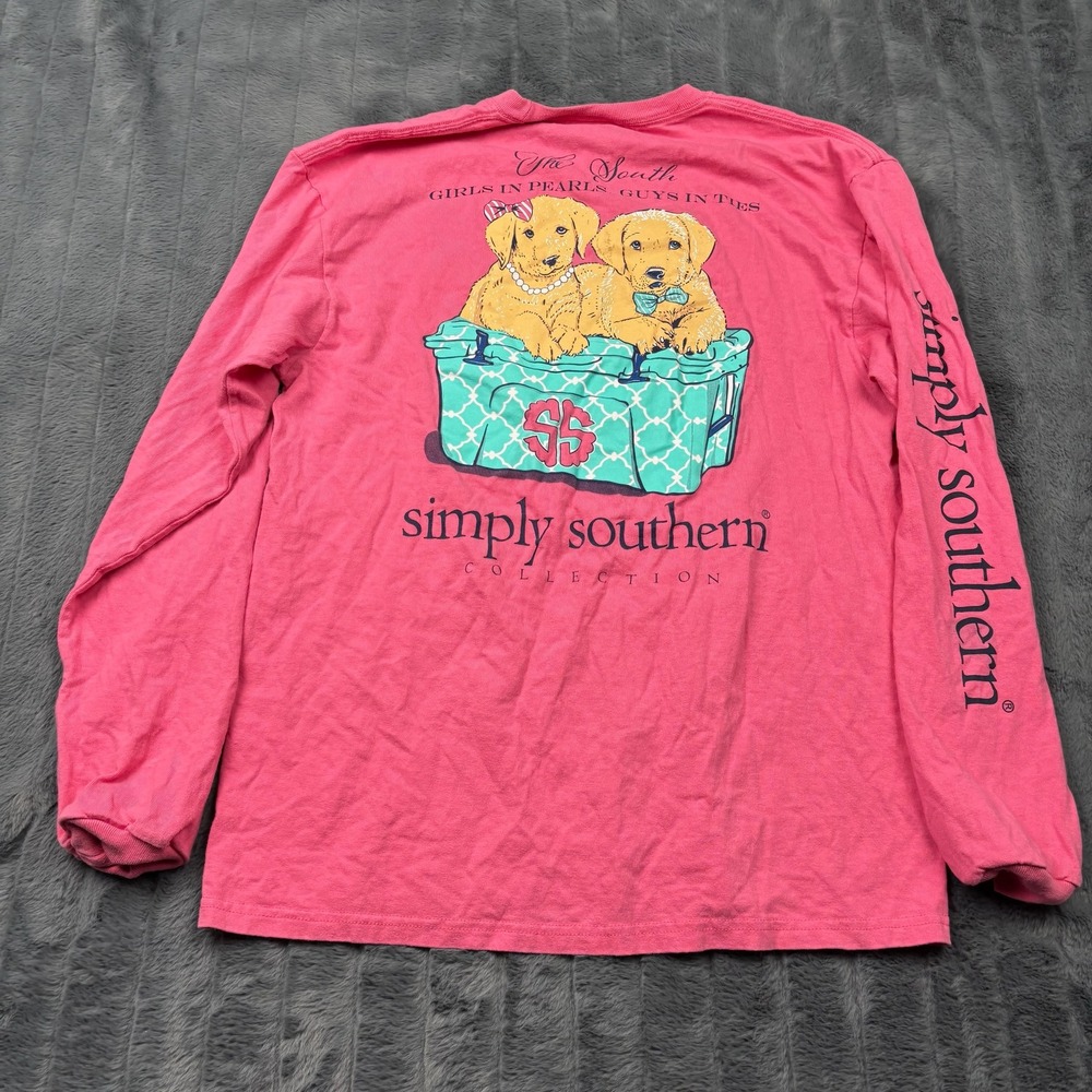 Simply Southern Pink Puppy Graphic Long Sleeve Tee Shirt Large RN 147258